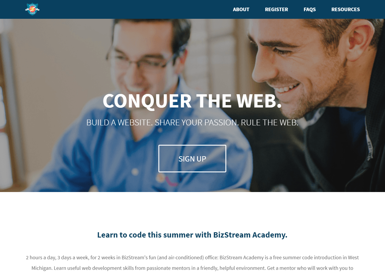 Screenshot of the BizStream Academy Homepage